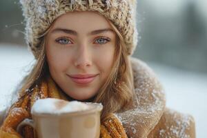 A young Caucasian woman enjoys a warm cup of cocoa in a snowy landscape, exuding warmth and tranquility. photo