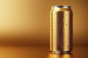 A sleek gold can covered in droplets, standing against a shimmering golden backdrop. photo