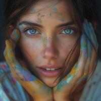 A young woman with striking blue eyes and paint-splattered hands, reflecting creativity and artistic expression. photo