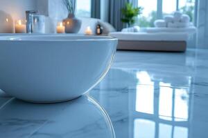 A serene bathroom scene featuring a white bowl in focus, with soft lighting and candles in the background, creating a relaxing ambiance. photo