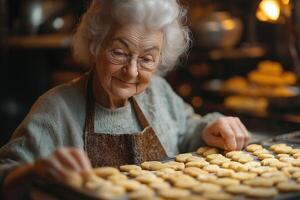 An elderly Caucasian woman in an apron lovingly arranges freshly baked cookies on a tray, showcasing her baking skills. photo