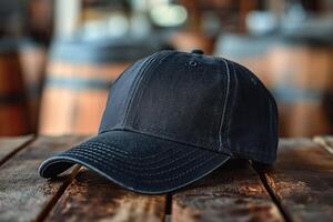A dark navy cap resting on a rustic wooden table, surrounded by barrel backgrounds, conveying a casual and laid-back vibe. photo