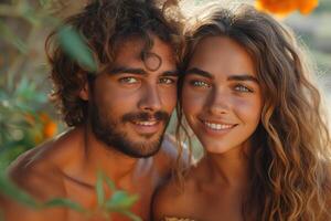A smiling couple, a Caucasian man with curly hair and beard, and a woman with wavy hair, pose intimately among lush greenery. photo