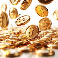 A close-up view of golden cryptocurrency coins falling, symbolizing wealth and investment opportunities. photo