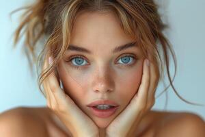 Close-up of a young woman with striking blue eyes and natural freckles, conveying emotion and beauty. photo