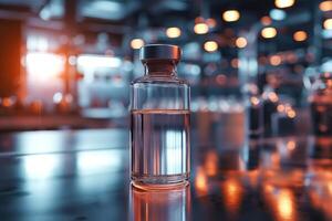 A clear glass vial filled with liquid stands prominently on a reflective surface, illuminated by warm ambient lighting. photo