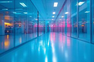 Futuristic corridor with illuminated glass walls reflecting vibrant blue and pink lights. photo