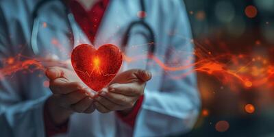 A female healthcare professional of Asian descent holds a glowing heart symbol, representing compassion and innovation in medicine. photo
