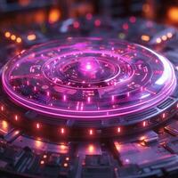 A futuristic technology interface with glowing pink lights, featuring intricate circuits and a central orb creating a vibrant atmosphere. photo