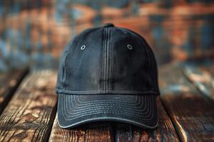 A black baseball cap displayed on a rustic wooden surface, featuring subtle wear and a classic design. photo