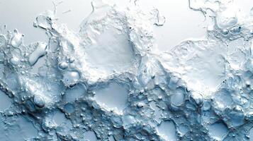 A close-up view of bubbly water texture with a translucent blue hue, revealing intricate patterns and shapes. photo