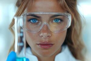 A focused young Caucasian female scientist wearing protective goggles, holding a test tube, ready for experimentation. photo