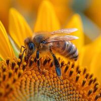 A close-up of a honeybee collecting nectar from a vibrant sunflower, showcasing nature's beauty and the importance of pollinators. photo