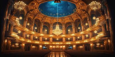 A stunning view of an opulent theater interior with golden accents and a dramatic ceiling. photo