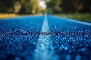 A vibrant blue running track glistens with dew, stretching into the distance under a soft, blurred background of greenery. photo