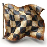 A weathered racing flag with a classic checkered pattern, featuring rust and texture, symbolizing motorsport excitement. photo