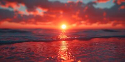 A stunning sunset over the ocean, with vibrant red and orange hues reflecting on the water's surface. photo