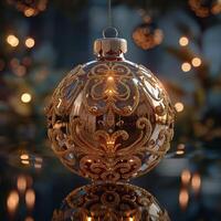 A stunning golden ornament hanging delicately, reflecting warm holiday lights and intricate patterns, creating a festive atmosphere. photo