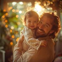A joyful father embraces his smiling daughter in the warm glow of sunset, creating a heartwarming moment filled with love. photo