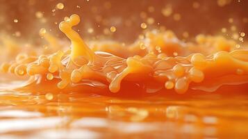 A dynamic splash of orange liquid, showcasing vibrant droplets suspended in mid-air, creating an energetic and refreshing mood. photo