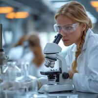 Female scientist analyzing samples under a microscope in a bright laboratory setting. photo