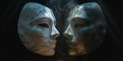 Conceptual image of two artistic masks facing each other, representing duality and contrast, surrounded by ethereal smoke. photo