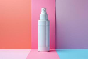 A sleek, white spray bottle stands on vibrant pastel backgrounds, showcasing a modern design and minimalist aesthetic. photo