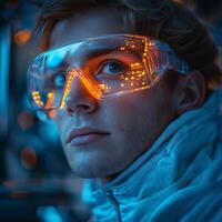 A young Caucasian male wearing futuristic glasses with glowing orange lights, set against a blue-toned background. photo
