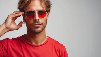Stylish young man in red shirt and round sunglasses, exuding confidence and cool vibes. photo