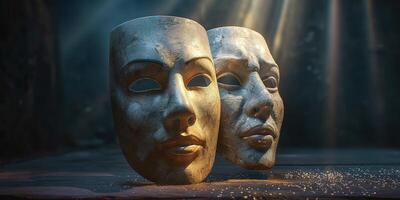 Two artistic masks in a dimly lit setting, showcasing intricate textures and metallic finishes. photo