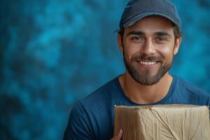 Smiling young man with a beard and cap holding a package against a blue background, radiating warmth and positivity. photo