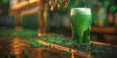 A close-up of a tall glass of vibrant green beer being poured from a stylish tap, surrounded by scattered green decorations. photo