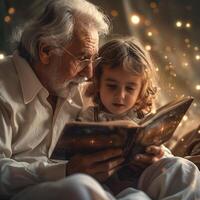 A loving elderly man reading a story to his young grandson, surrounded by a magical, twinkling atmosphere. photo