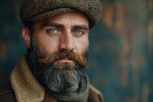 Close-up of a handsome Caucasian man with a full beard and striking blue eyes, wearing a vintage cap and warm outerwear. photo
