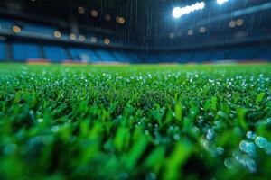 A close-up view of lush green artificial turf at a stadium, glistening with raindrops under stadium lights. photo