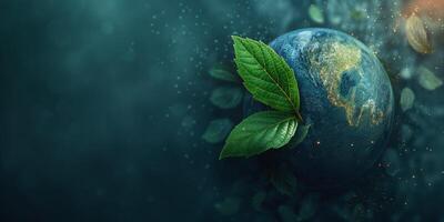 A vibrant depiction of Earth surrounded by lush green leaves, symbolizing nature and environmental harmony. photo