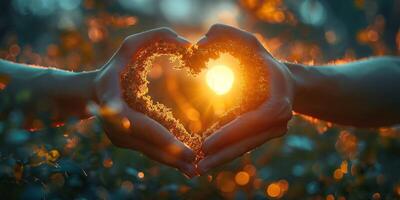 Two hands forming a heart shape with sunlight shining through, creating a magical scene in a natural setting. photo