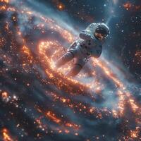 A lone astronaut navigating through a cosmic whirlpool of vibrant orange and blue hues in the depths of space. photo