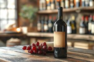 A dark red wine bottle with a blank label, surrounded by fresh grapes on a rustic wooden table. photo