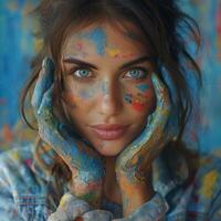 A young woman with colorful paint on her face and hands, showcasing creativity and artistic expression in a vivid setting. photo