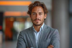 Confident young Caucasian man in a gray blazer, smiling with arms crossed in a modern office setting. photo