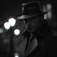 A serious man in a fedora stands in the rain, cloaked in shadows and mystery, exuding a timeless noir vibe. photo