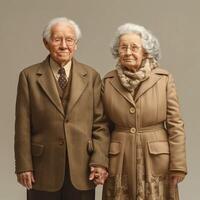 Elderly couple standing together, exuding warmth and love with soft smiles and elegant attire. photo