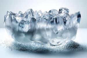A stunning glass-like ice sculpture with jagged edges and bubbles at the base, showcasing intricate details and a cool aesthetic. photo
