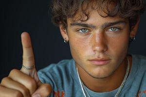 A young Caucasian male with striking green eyes gestures a finger raised in emphasis, conveying a serious and intense mood. photo