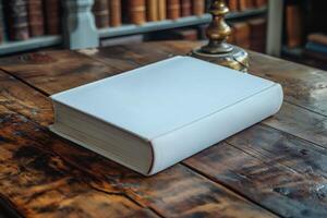A pristine white book resting on a rustic wooden table in a cozy library setting. photo