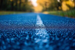 A close-up view of a dew-covered asphalt path, framed by vibrant trees in the soft morning light. photo