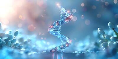 A vibrant digital representation of a DNA double helix, surrounded by soft blue hues and sparkling light. photo