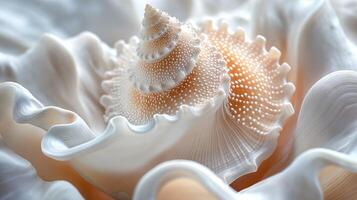 A stunning close-up of an intricate seashell nestled in soft, flowing white fabric. photo