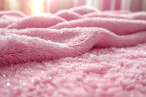Soft pink blanket with sparkling texture, creating a warm and inviting atmosphere. photo